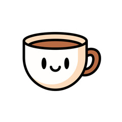 A cheerful cartoon coffee cup illustration smiling with a happy face on a simple background viewed from the front