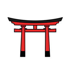 Illustration of a red Japanese torii gate standing alone in a serene environment from a straightforward viewpoint