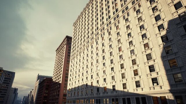 sunlit patterned faade bathing in light, pale grid of windows and masonry glowing, neighboring redbrick rising into sky, soft warm tones, residential