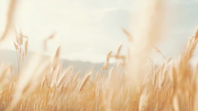 Golden pampas grass plumes swaying gently in a vast field under a soft, dreamy sky, creating a serene and natural pastoral landscape perfect for tranquil backgrounds