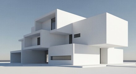 Fototapeta premium Modern white cube house with unique geometric design and clear blue sky