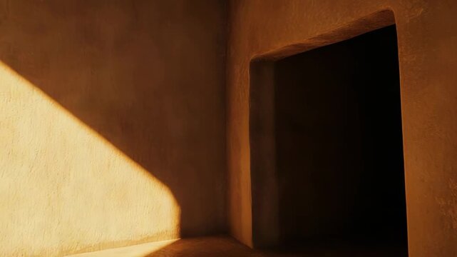 Warm sunlight streams into an empty room with textured walls, casting a striking diagonal shadow across the floor and wall, highlighting an dark, open doorway leading into deeper darkness