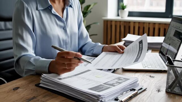 Woman working with documents at desk.
