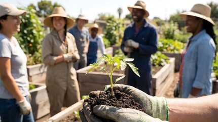 Hands holding young plant with soil, group of diverse people in garden smiling. Concept of growth, community farming, sustainability.