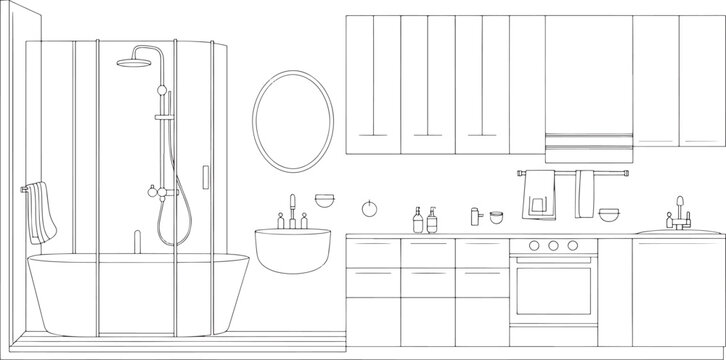 Detailed minimalist line art vector illustration showcasing a combined apartment layout with a modern bathroom section featuring a shower, bathtub, and sink, alongside a fully equipped kitchen area.