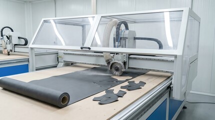 Automated cutting machine processing material roll into shapes within a factory. Industrial manufacturing process for mass production.