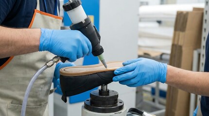 Man worker applying glue to sole of shoe in factory. Shoemaker manual production process of footwear. Shoe industry manufacturing concept.