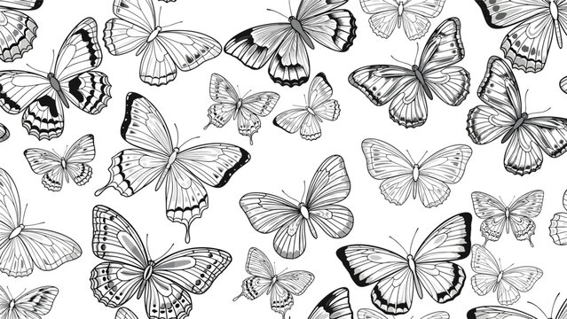 Detailed black and white line art pattern of various butterflies in different sizes and shapes on a white background.