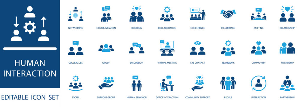 Human interaction icon set. Features collaboration, communication, networking, partnership, and social behavior icons for corporate and web design.