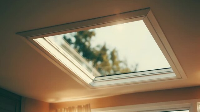 Skylight window in a residential ceiling illuminating living space with bright sun, enhancing home comfort and energy efficiency using renewable natural daylight