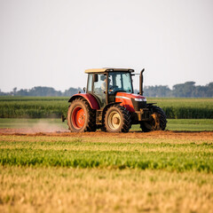 Obraz premium Red tractor plowing green agricultural field at sunrise with dust trail in rural farming landscape