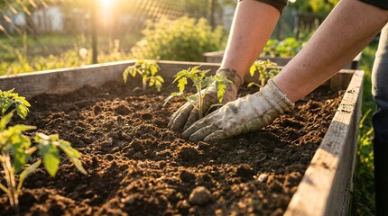 Woman planting young tomato seedling with globes in garden. Spring gardening for fresh green vegetables. Growth care and cultivate concept.