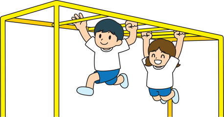 うんていで運動する子供たち