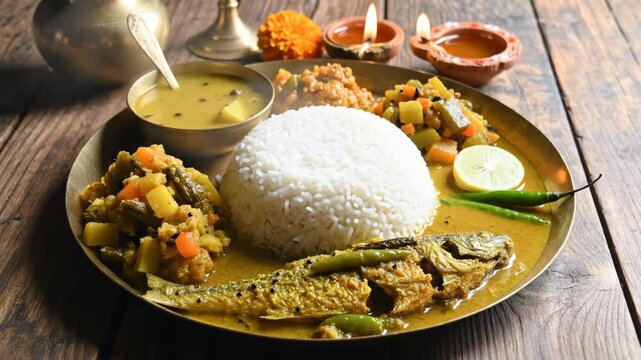 Traditional Bengali New Year Pohela Boishakh Celebration with Festive Meal and Cultural Decorations