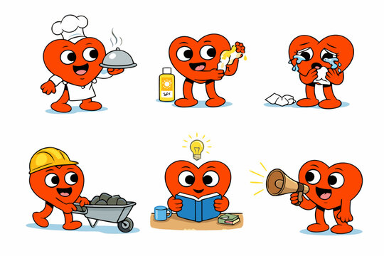 Cartoon heart mascot set showing chef serving hot dish, sunscreen skincare routine, crying with tissues, construction worker with wheelbarrow, reading with lightbulb idea, and megaphone.