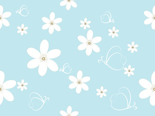 Beautiful floral illustration featuring small and large white daisy flowers combined with elegant white line art butterflies on a fresh light blue background. Soft, cheerful, and minimal style