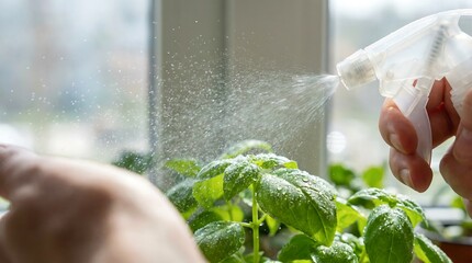 Caucasian female hand spraying water on green plant leaves. Home gardening and plant care concept. Refreshing basil with water.