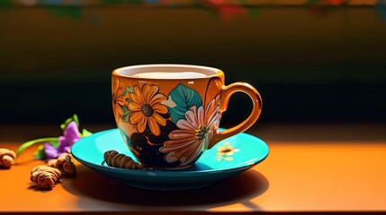 Obraz premium A colorful floral coffee cup and saucer on a wooden table
