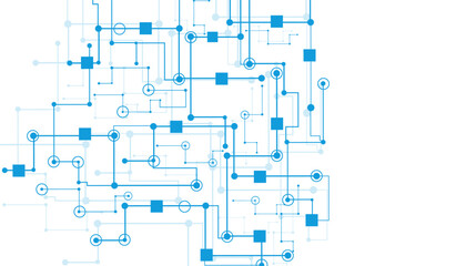 Detailed Blue Network Connections with Squares and Circles on Black