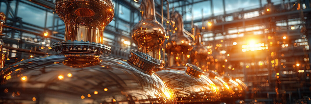 Copper stills shine under bright lights in distillation area Generative AI