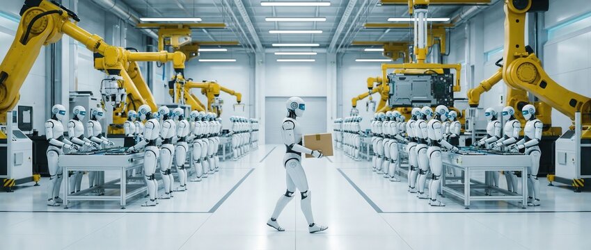 Futuristic automated factory with humanoid robots working on assembly lines