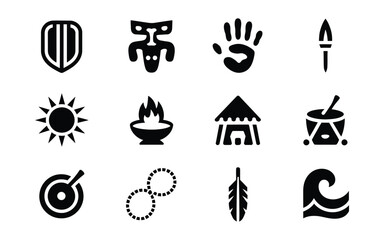 Assortment of black icons showcasing Native American cultural elements: shield, mask, hand, torch, sun, bowl, hut, circle, feather, wave.