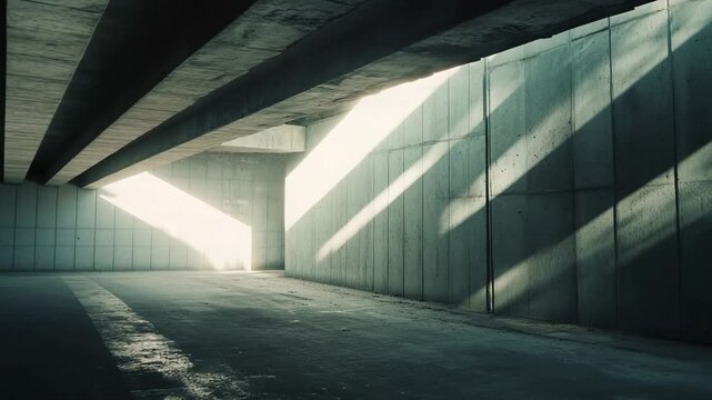Concrete underpass creating abstract patterns of strong diagonal sunlight and dark shadows on rough walls, symbolizing contrast, hope, and an unknown path forward in an urban environment