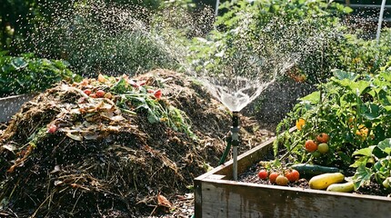 Sprinkler watering compost pile and vegetable garden. Sustainable gardening for eco-friendly living and organic food production.