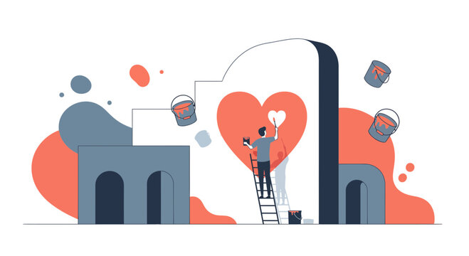 Artist painting large heart shape on wall mural.