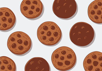 Fototapeta premium Assorted chocolate chip cookies scattered on a clean white surface viewed from directly above