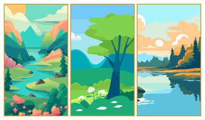 Obraz premium Set of three vibrant spring and summer landscapes in modern flat design. Illustrations featuring lush green hills, winding rivers, a large leafy tree, and a serene lake reflection in bright teal, lime