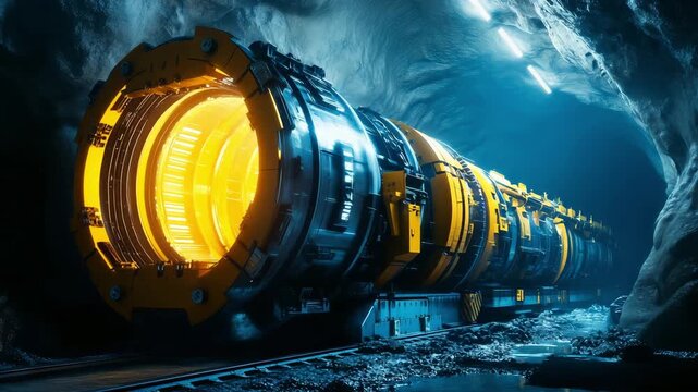 A tunneling machine is being operated deep underground, creating a tunnel for a mining project in a dark cave environment