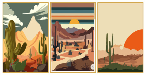 Set of three minimalist desert landscapes in modern flat design. Illustrations featuring saguaro cacti, desert ridges, and a warm glowing sun in terracotta, mustard yellow, and deep teal tones. Vector © hadi