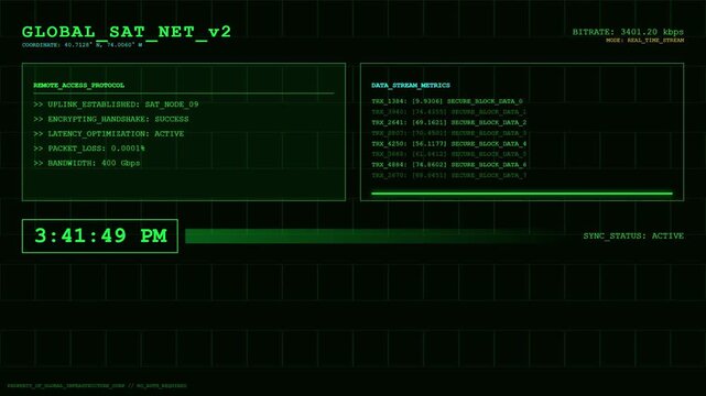 Green radar screen style digital monitor interface with futuristic data charts and communication waves illustration