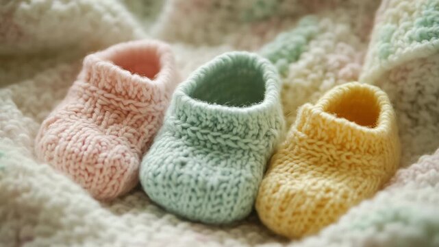 Three pairs of handmade baby booties in pastel colors are placed on a knitted blanket at home for newborns