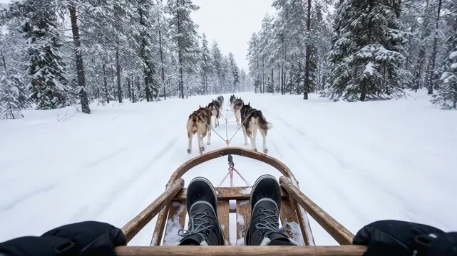 A person's feet are visible in a sled as a team of huskies pulls it through a snow-covered forest. The trees are laden with snow, creating a winter wonderland scene.