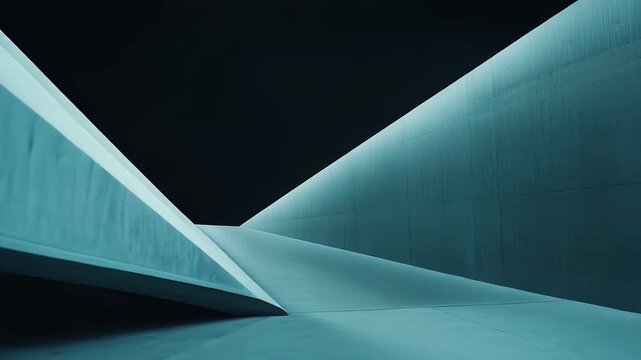 Abstract concrete structure with strong geometric lines and angles, illuminated by cool teal light, creating a modern, futuristic, and minimalistic empty space