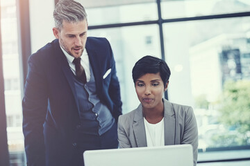 Fototapeta premium Investor, conversation and business people in meeting, laptop or email notification for profit growth. Financial advisor, man or woman in office, pc and discussion for trading opportunity or internet