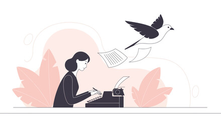 Woman Writing on Typewriter with Flying Bird and Papers.