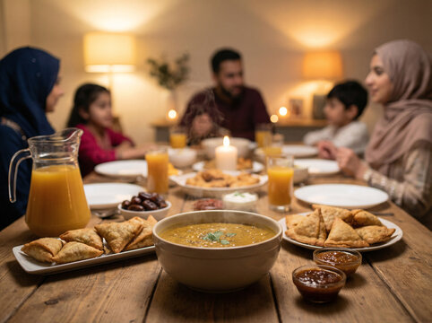Family gathering iftar meal Ramadan dinner table Muslim people breaking fast together community