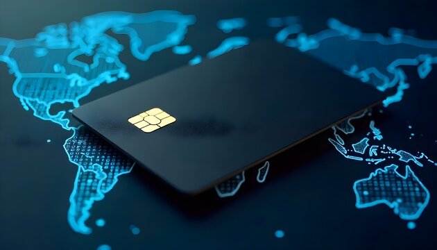 Black credit card with gold chip on a blue world map background