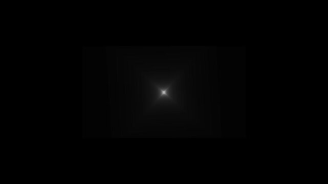 Bright white optical lens flare shining on a black background. Anamorphic light streak and glowing orb effect. Cinematic overlay for transitions and titles