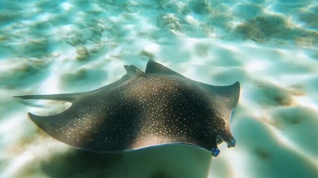 A stingray moves gracefully along the ocean floor in bright and clear tropical waters, showcasing its natural beauty and movements