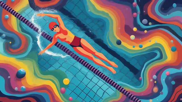 Vibrant Animated Swimmer in a Pool with Colorful Liquid Background and Water Effects