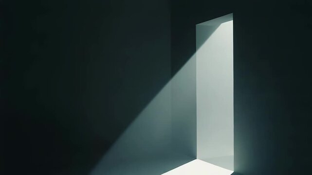 Bright rectangular beam pierces a dark minimalist room, casting glowing patch on floor and wallsymbol of hope, new beginnings, discovery and an unexpected way out