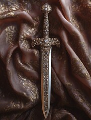 An ancient sword on fine silk cloth, the patterns on the blade are exquisitely delicate.
