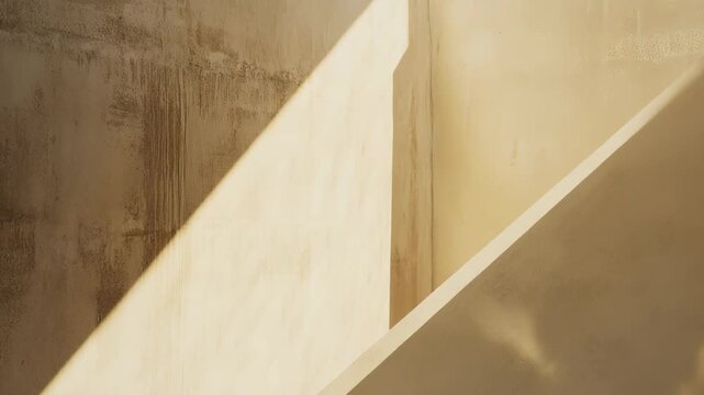 Architectural concrete surfaces displaying strong diagonal shadows and bright sunlight interacting with geometric planes, creating an abstract background with textural details and visual depth