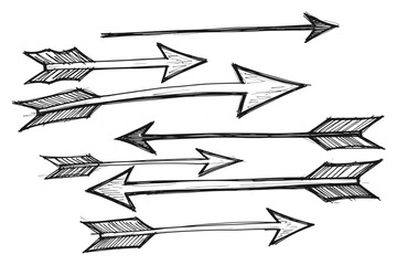 Black ink sketch archer arrow vector illustration collection with diverse feathered pointer shapes