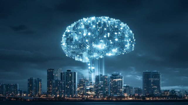 Artificial intelligence brain over a technology city. This digital network and future innovation smart data concept shows a cybernetic mind controlling an urban skyline at night for AI power.