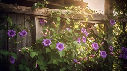 Vibrant Purple Morning Glory Vine on Rustic Surface &mdash; Climbing Flowers spring flowers in the garden